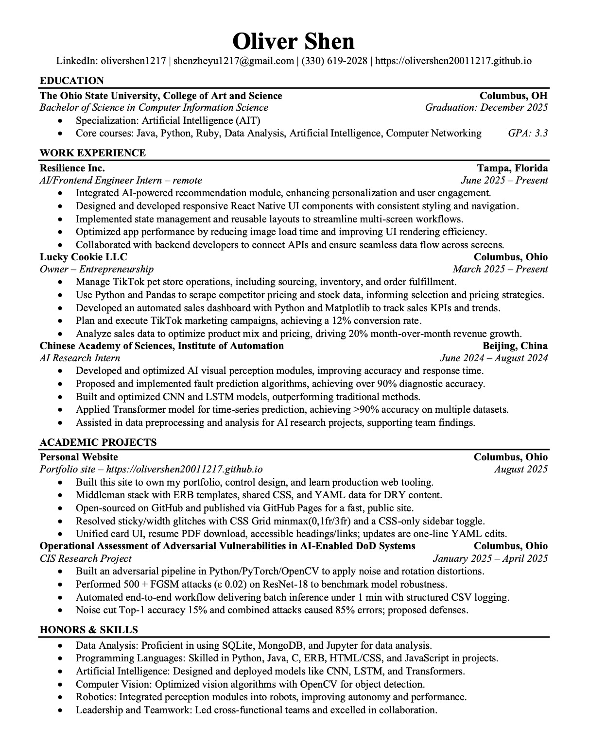 Oliver Shen Resume