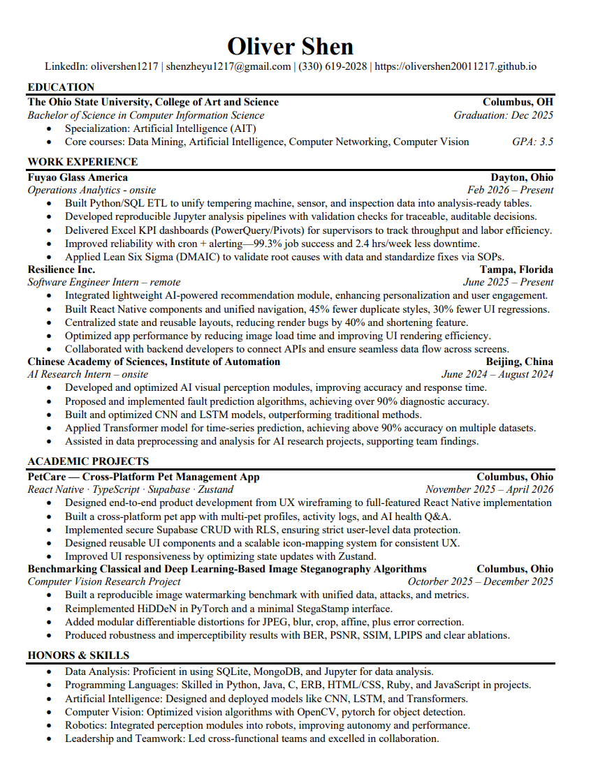 Oliver Shen Resume